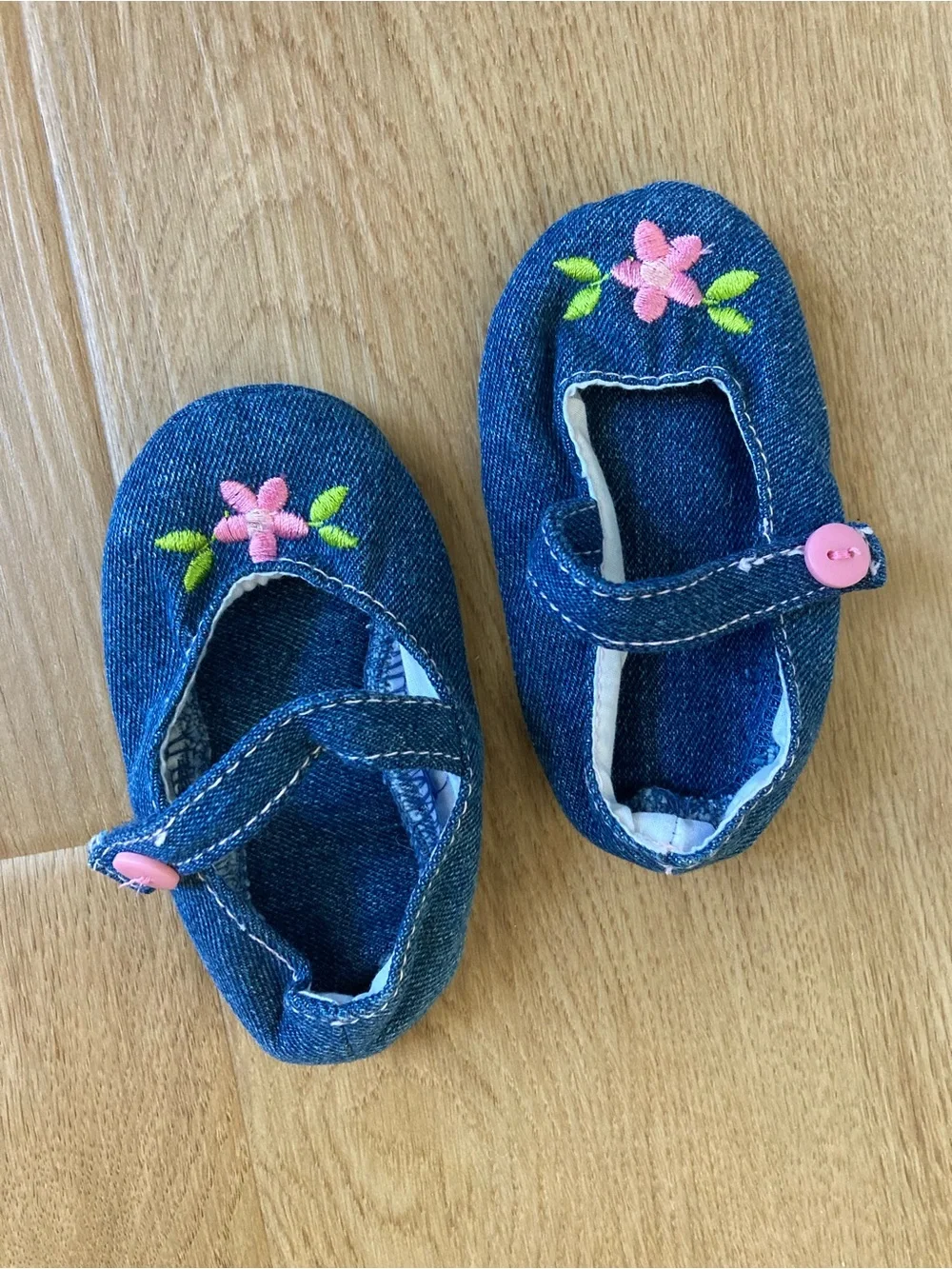 Vintage Denim Baby Mary Janes with Pink Flower Accents